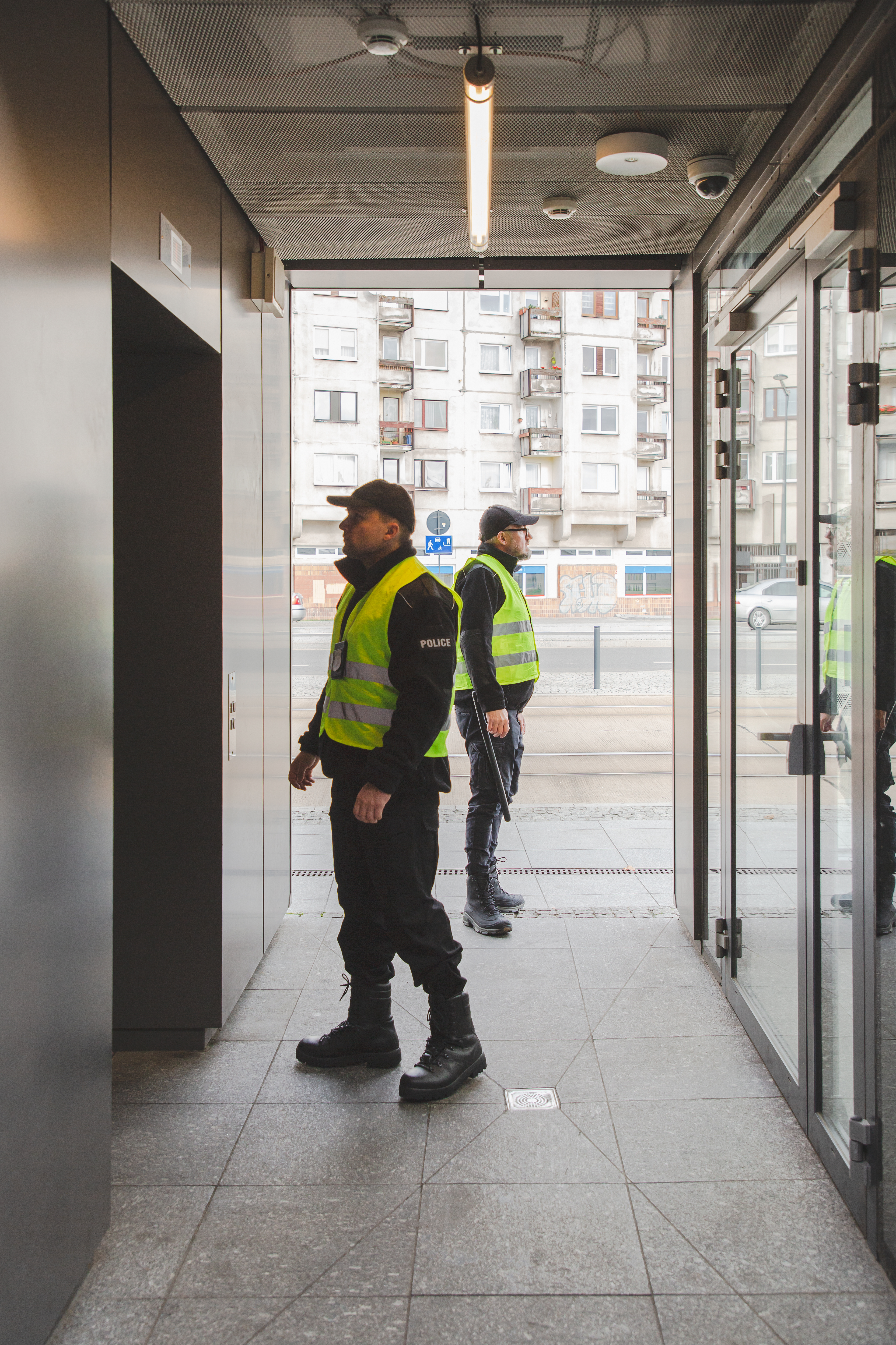 Mobile patrol security officer near building