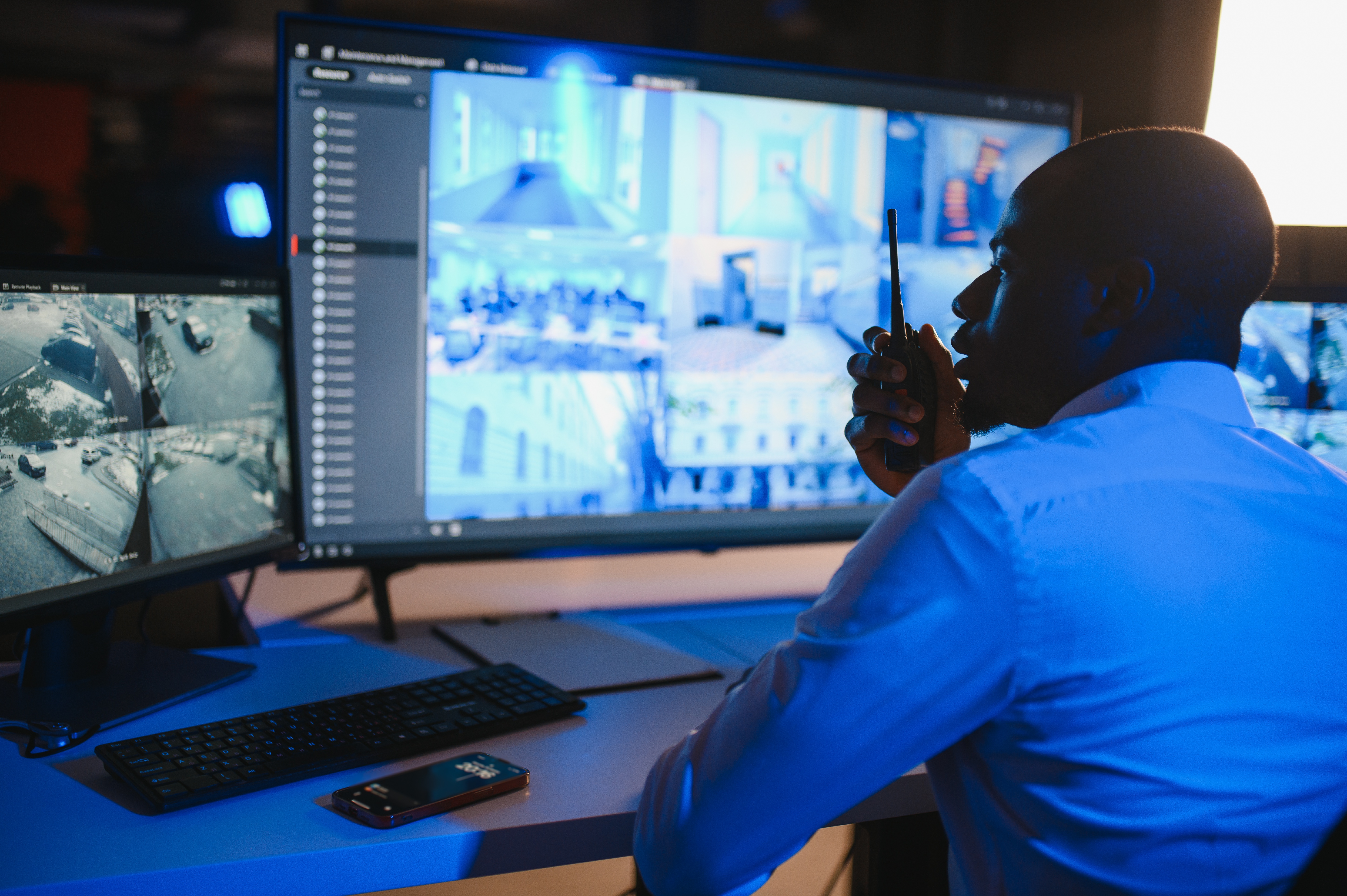 Security operations room with monitoring tools
