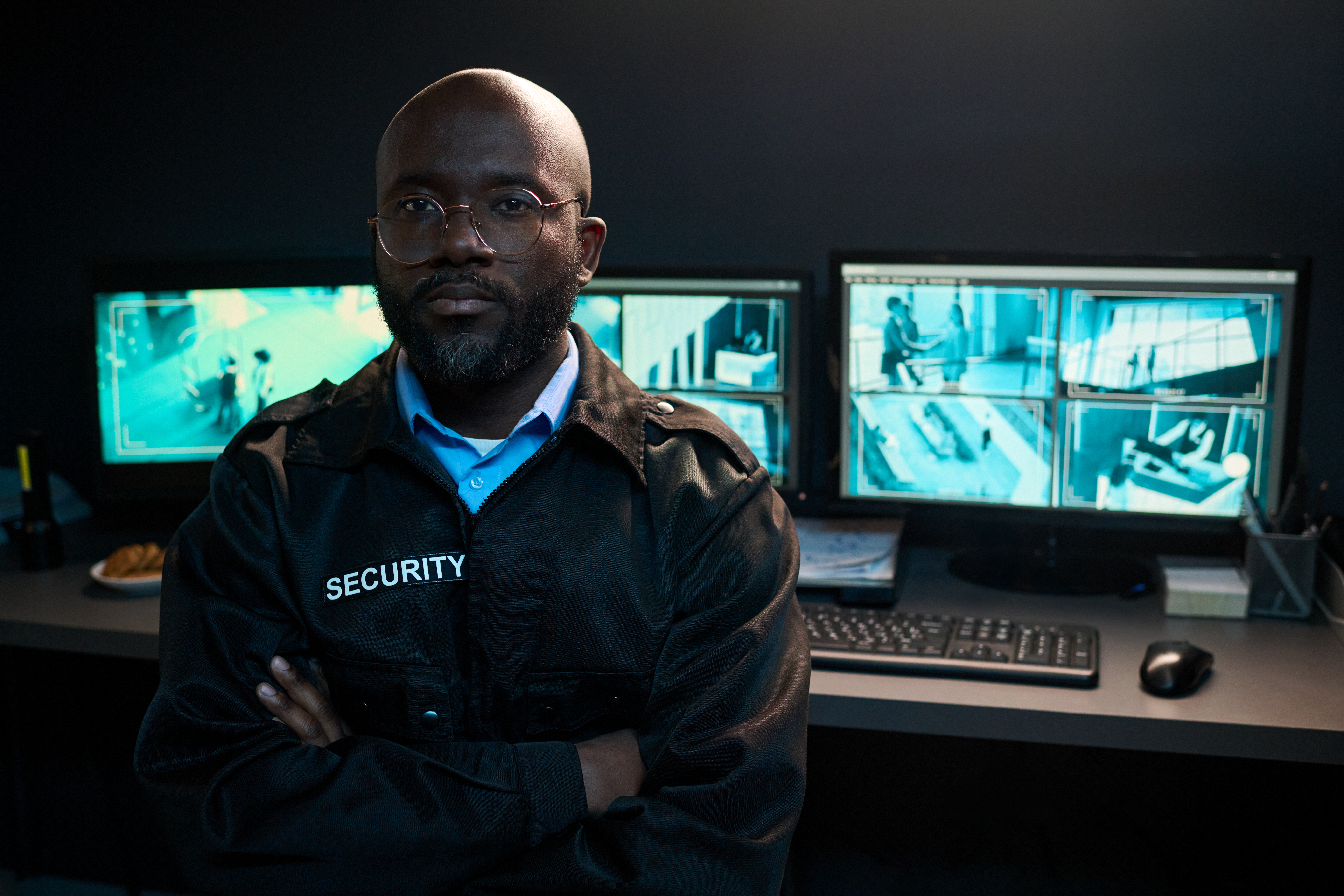 Security specialist monitoring camera feeds